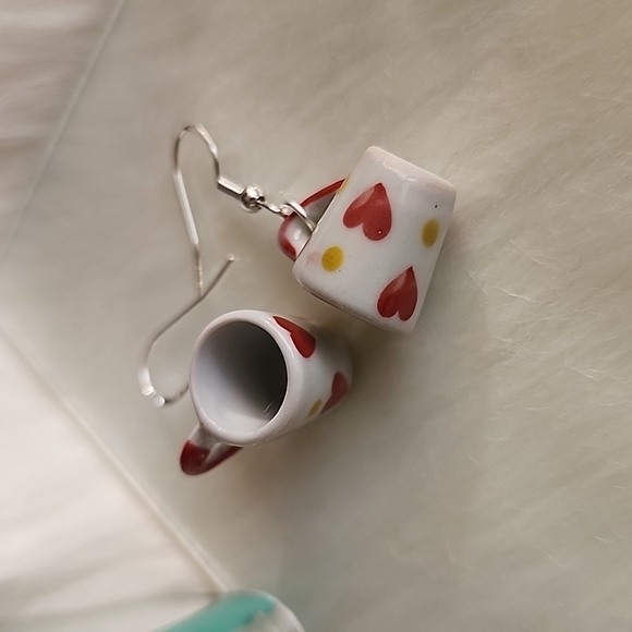 🪴I Love Coffee Mug Earrings 925 Silver Posts Ceramic mini Mugs With - Picture 3 of 4